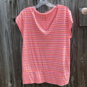 Fresh Produce Tshirt with cap sleeves and banded bottom.  Peach wit stripes XL